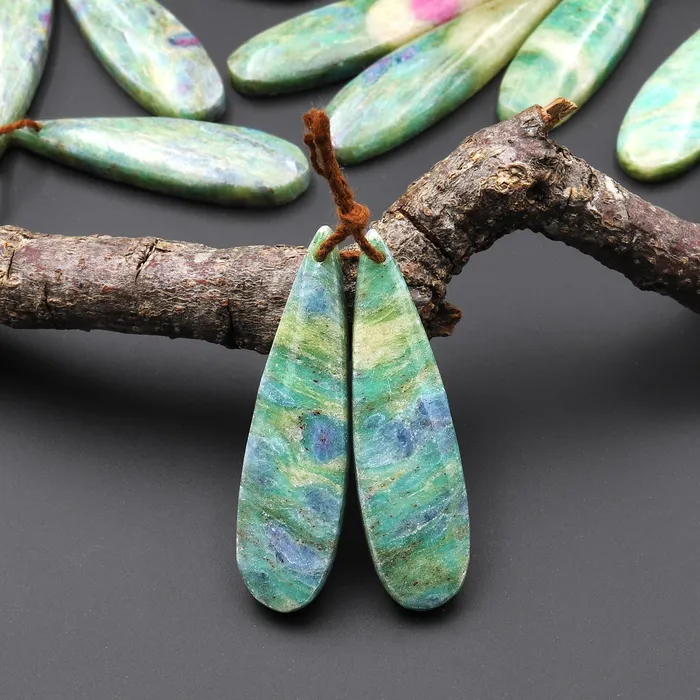 Intrinsic Trading Earrings Natural Ruby in Seafoam Green Fuchsite Earring Pair Teardrop Matched Gemstone Beads