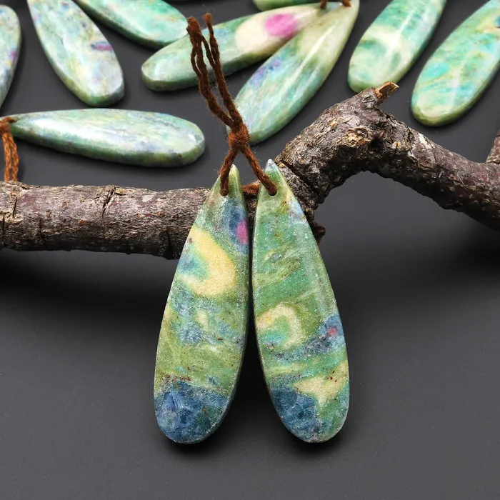 Intrinsic Trading Earrings Natural Ruby in Seafoam Green Fuchsite Earring Pair Teardrop Matched Gemstone Beads