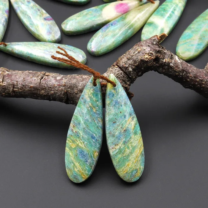 Intrinsic Trading Earrings Natural Ruby in Seafoam Green Fuchsite Earring Pair Teardrop Matched Gemstone Beads