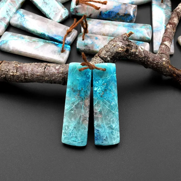 Intrinsic Trading Rare Natural Chrysocolla in Quartz Rectangle Earring Pair Matched Cabochon Gemstone Beads A2 Earrings