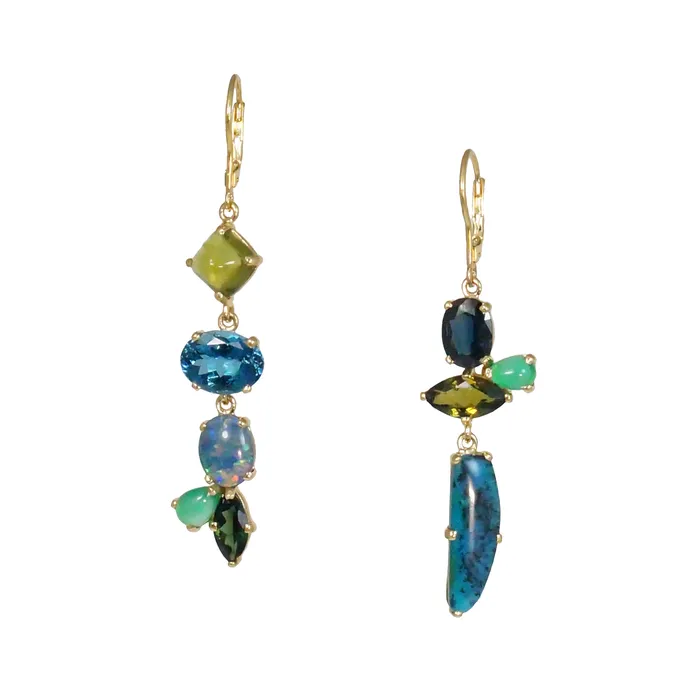Q Evon Earrings 14k Gold Chrysocolla Gem Silica Mixed Stone Earrings