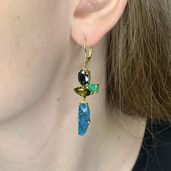 Q Evon Earrings 14k Gold Chrysocolla Gem Silica Mixed Stone Earrings