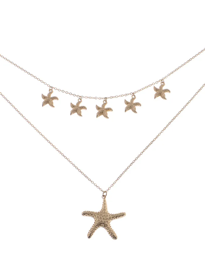 Alilang Necklaces Layered 2 Chains Dangling Textured Starfish Pendant Beach Bride Bib Necklace