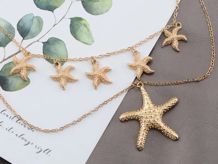 Alilang Necklaces Layered 2 Chains Dangling Textured Starfish Pendant Beach Bride Bib Necklace