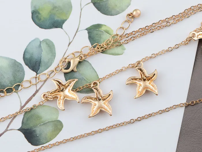 Alilang Necklaces Layered 2 Chains Dangling Textured Starfish Pendant Beach Bride Bib Necklace