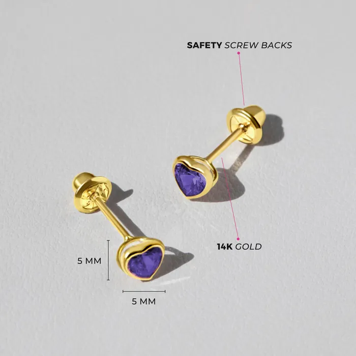 Baby Screw Back Earrings Earrings 14k Gold Bezel CZ Heart Baby Toddler Kids Earrings Safety Screw Back
