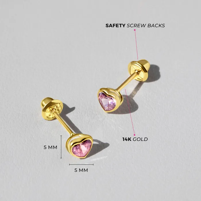 Baby Screw Back Earrings Earrings 14k Gold Bezel CZ Heart Baby Toddler Kids Earrings Safety Screw Back