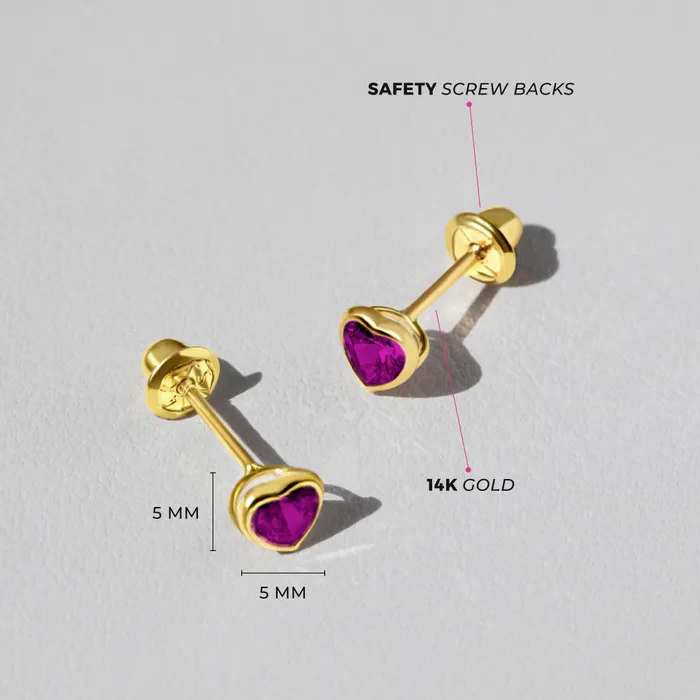 Baby Screw Back Earrings Earrings 14k Gold Bezel CZ Heart Baby Toddler Kids Earrings Safety Screw Back