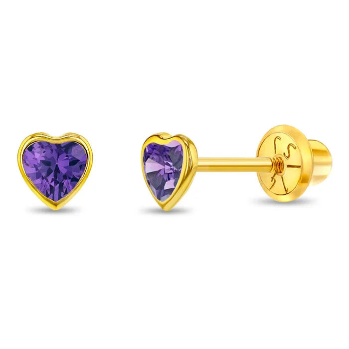 Baby Screw Back Earrings Earrings 14k Gold Bezel CZ Heart Baby Toddler Kids Earrings Safety Screw Back