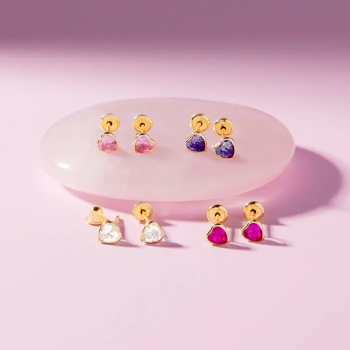 Baby Screw Back Earrings Earrings 14k Gold Bezel CZ Heart Baby Toddler Kids Earrings Safety Screw Back
