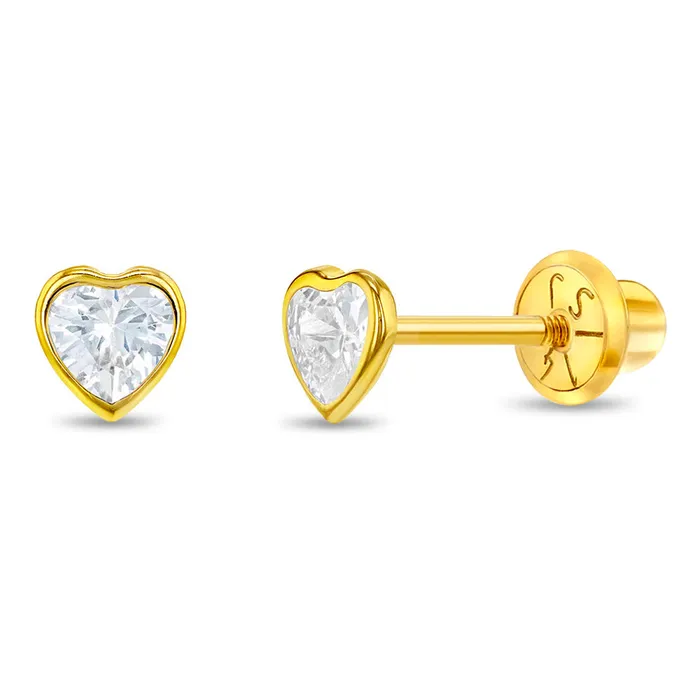 Baby Screw Back Earrings Earrings 14k Gold Bezel CZ Heart Baby Toddler Kids Earrings Safety Screw Back