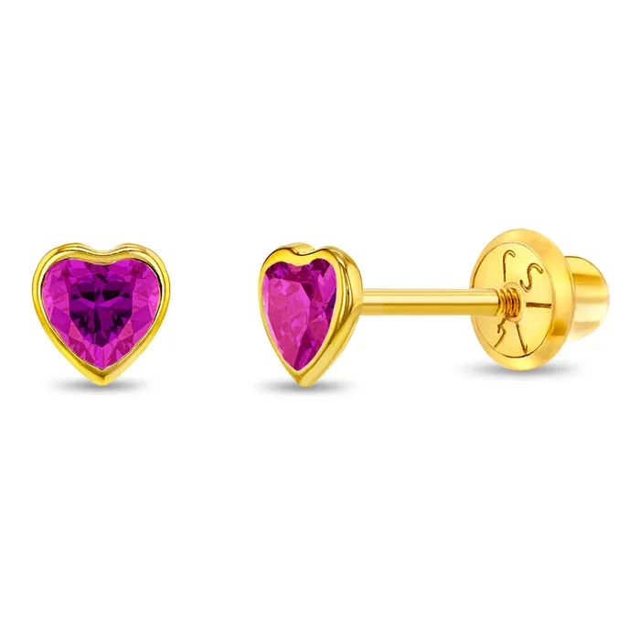 Baby Screw Back Earrings Earrings 14k Gold Bezel CZ Heart Baby Toddler Kids Earrings Safety Screw Back