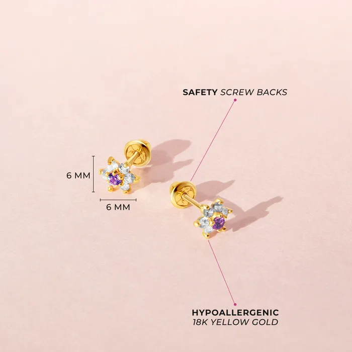 Baby Screw Back Earrings Earrings 18k Gold Cubic Zirconia Flower Baby Toddler Kids Earrings Safety Screw Back