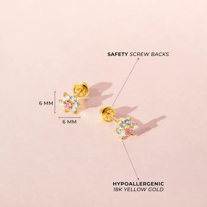 Baby Screw Back Earrings Earrings 18k Gold Cubic Zirconia Flower Baby Toddler Kids Earrings Safety Screw Back