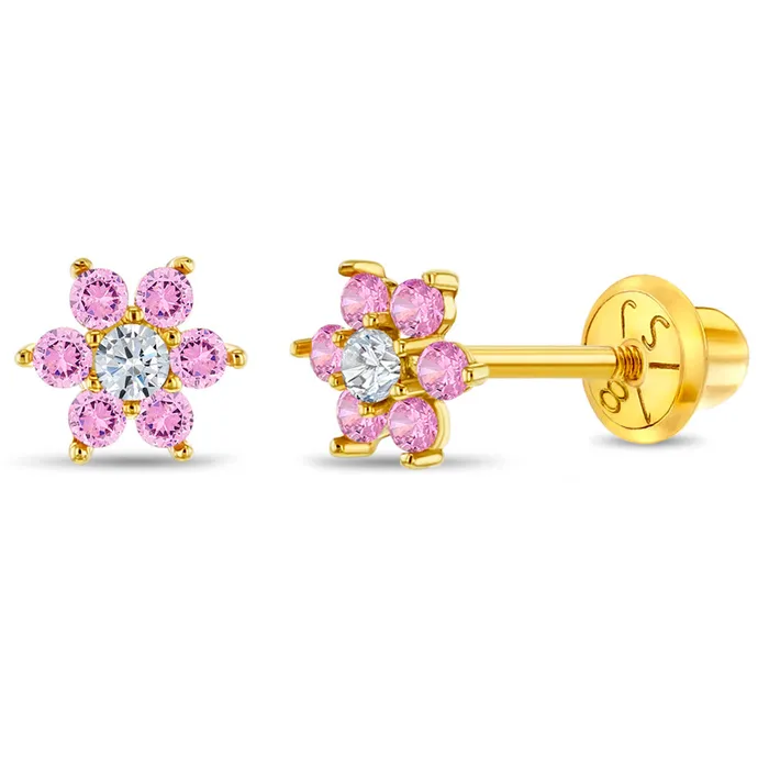 Baby Screw Back Earrings Earrings 18k Gold Cubic Zirconia Flower Baby Toddler Kids Earrings Safety Screw Back