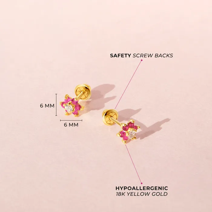 Baby Screw Back Earrings Earrings 18k Gold Cubic Zirconia Flower Baby Toddler Kids Earrings Safety Screw Back