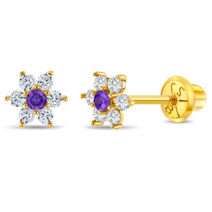 Baby Screw Back Earrings Earrings 18k Gold Cubic Zirconia Flower Baby Toddler Kids Earrings Safety Screw Back