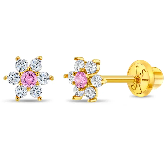 Baby Screw Back Earrings Earrings 18k Gold Cubic Zirconia Flower Baby Toddler Kids Earrings Safety Screw Back