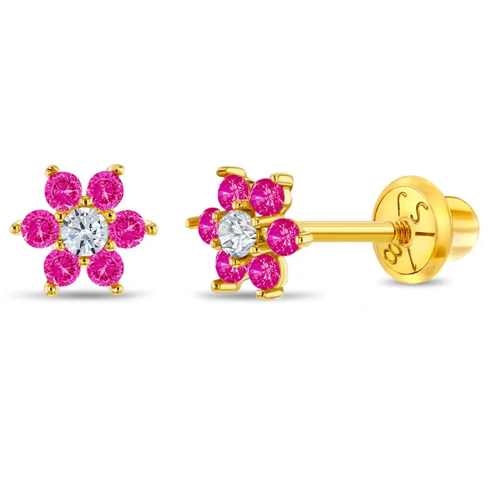 Baby Screw Back Earrings Earrings 18k Gold Cubic Zirconia Flower Baby Toddler Kids Earrings Safety Screw Back