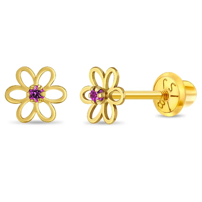Earrings Baby Screw Back Earrings 18k Gold Open CZ Flower Baby Toddler Kids Earrings Safety Screw Back