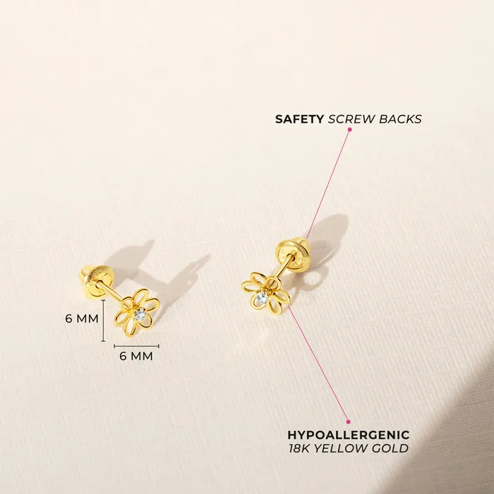 Earrings Baby Screw Back Earrings 18k Gold Open CZ Flower Baby Toddler Kids Earrings Safety Screw Back