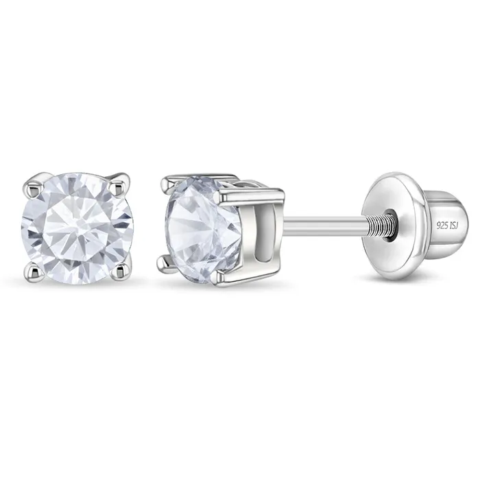 Earrings Baby Screw Back Earrings Classic Round Solitaire 4mm Baby Toddler Kids Earrings Screw Back Sterling Silver