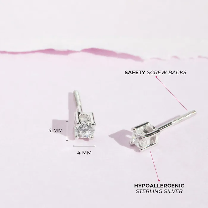 Earrings Baby Screw Back Earrings Classic Round Solitaire 4mm Baby Toddler Kids Earrings Screw Back Sterling Silver