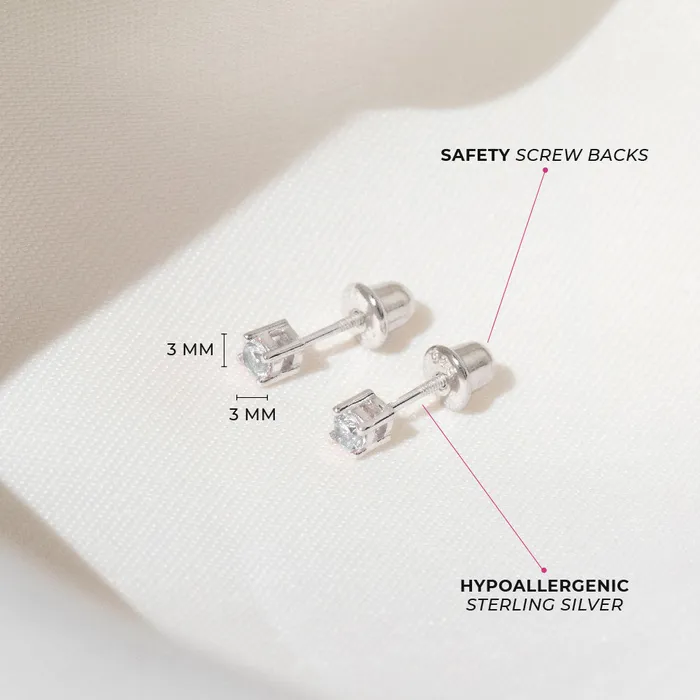 Earrings Baby Screw Back Earrings Traditional Prong Set 3mm Baby Toddler Kids Earrings Screw Back Sterling Silver