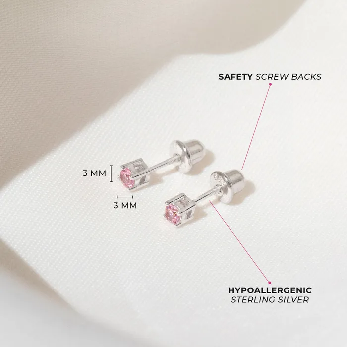 Earrings Baby Screw Back Earrings Traditional Prong Set 3mm Baby Toddler Kids Earrings Screw Back Sterling Silver