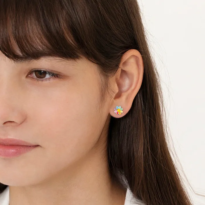 Earrings Kids Stud Earrings Rainbow Daisy Kids Childrens Girls Earrings Enamel Sterling Silver