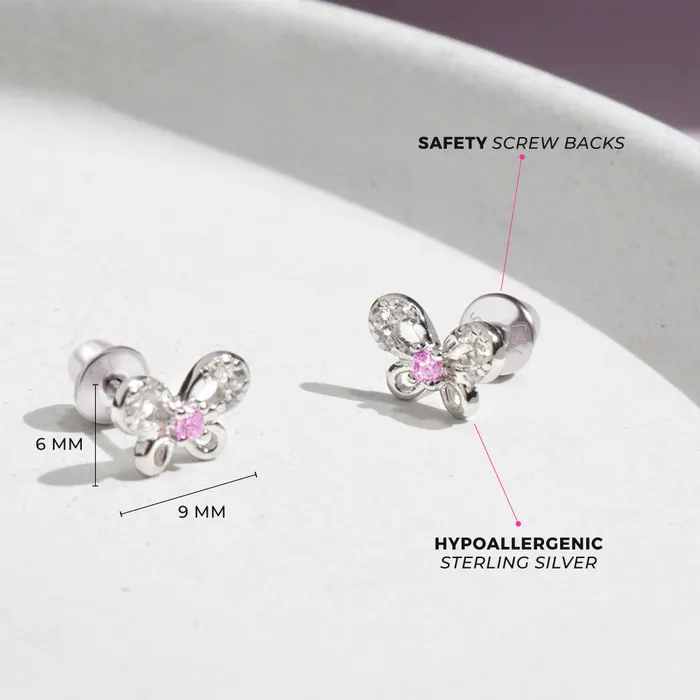 Earrings Petite Jeweled Butterfly Baby Toddler Kids Earrings Screw Back Sterling Silver Kids Screw Back Earrings