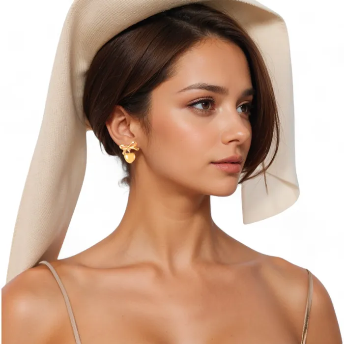 Earrings Refined by AnnaKaci Bow Dangle Heart Drop Earrings Gold Tone Playful Chic Design Earrings Refined by AnnaKaci Bow Dangle Heart Drop Earrings Gold Tone Playful Chic Design