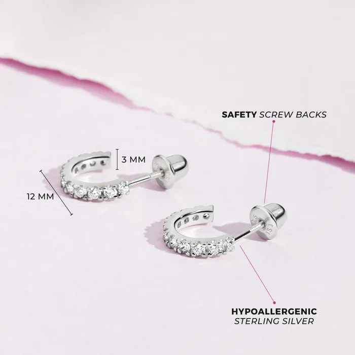 Earrings Teen Hoop Earrings 925 Sterling Silver Adorable Clear Cubic Zirconia Small Half Hoop Screw Back Earrings for Teens and Women