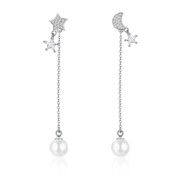 Fierce Lynx Bazaar Earrings Sterling Silver and Pearl Dangle Stud Earrings with Moon Stars Fierce Lynx Bazaar Earrings Sterling Silver and Pearl Dangle Stud Earrings with Moon Stars