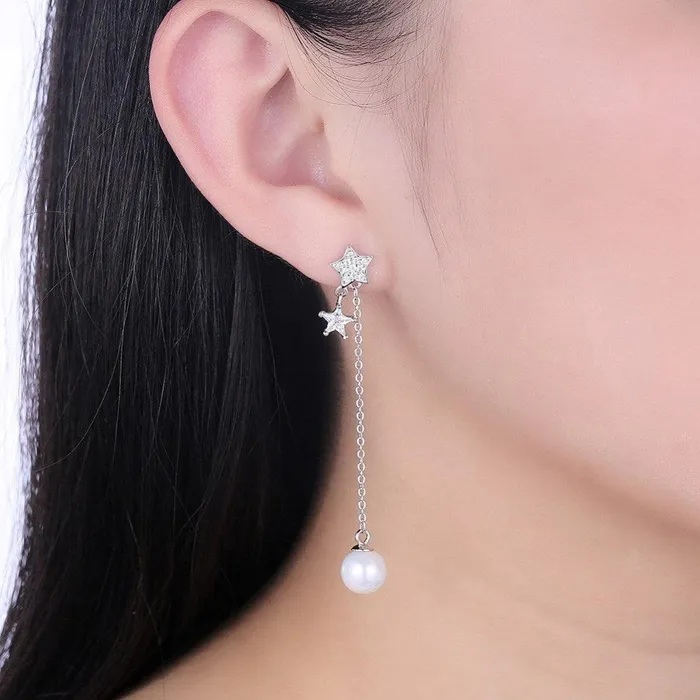 Fierce Lynx Bazaar Earrings Sterling Silver and Pearl Dangle Stud Earrings with Moon Stars