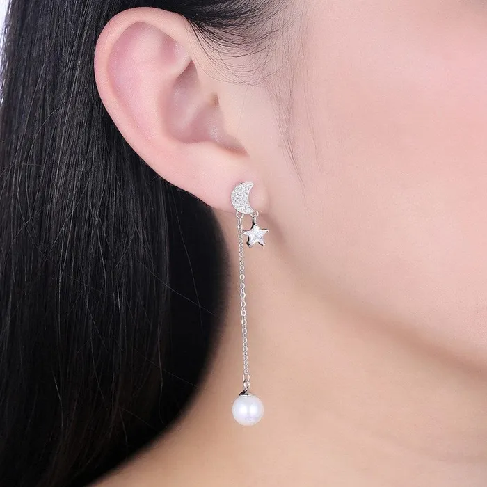 Fierce Lynx Bazaar Earrings Sterling Silver and Pearl Dangle Stud Earrings with Moon Stars