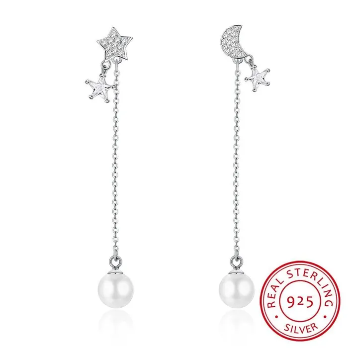 Fierce Lynx Bazaar Earrings Sterling Silver and Pearl Dangle Stud Earrings with Moon Stars