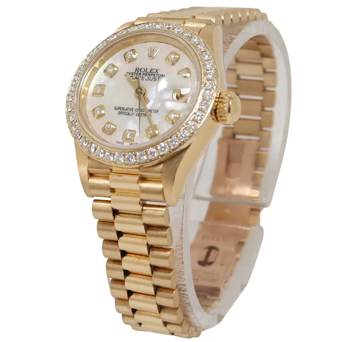 Happy Jewelers Rolex LadyDatejust Yellow Gold 26mm Custom White MOP Diamond Dial Watch Reference 69138 Watches