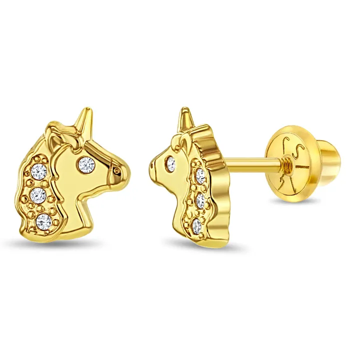Kids Screw Back Earrings 14k Gold Glimmering Unicorn Clear Toddler Kids Girls Earrings Safety Screw Back Earrings Kids Screw Back Earrings 14k Gold Glimmering Unicorn Clear Toddler Kids Girls Earrings Safety Screw Back Earrings