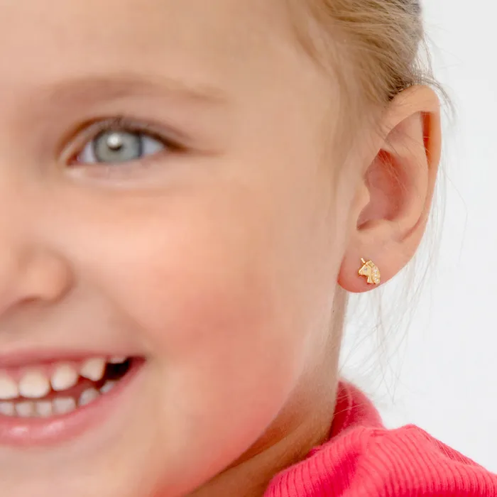 Kids Screw Back Earrings 14k Gold Glimmering Unicorn Clear Toddler Kids Girls Earrings Safety Screw Back Earrings