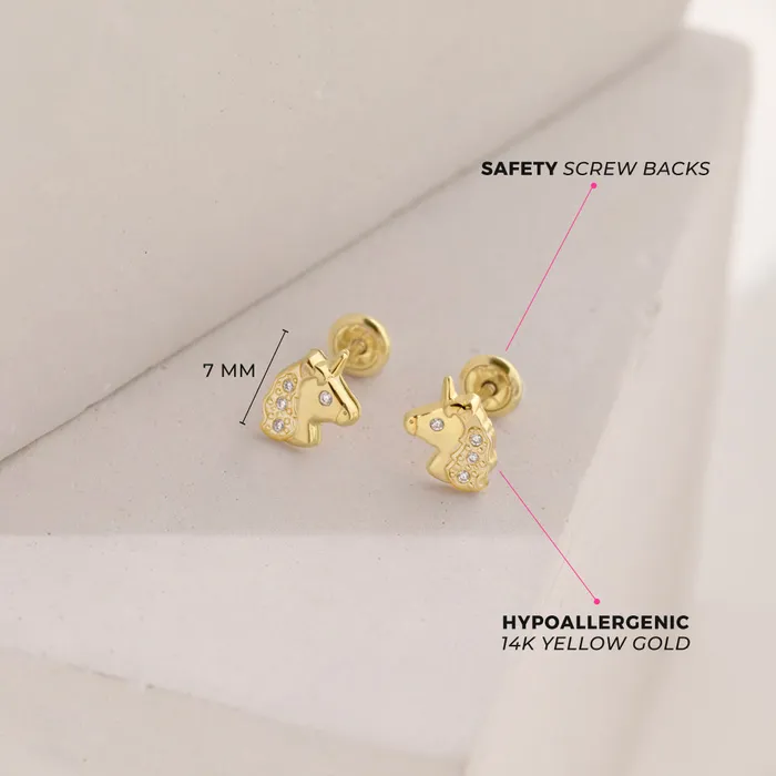 Kids Screw Back Earrings 14k Gold Glimmering Unicorn Clear Toddler Kids Girls Earrings Safety Screw Back Earrings