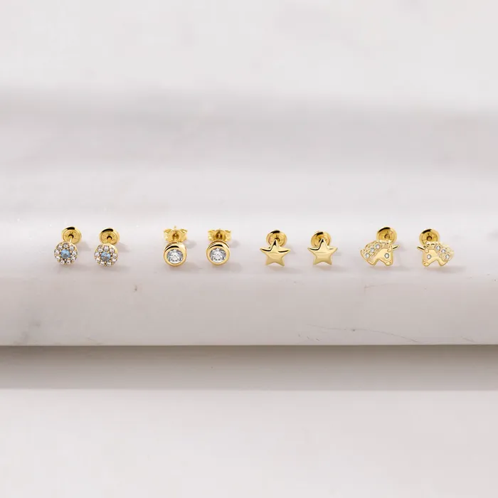 Kids Screw Back Earrings 14k Gold Glimmering Unicorn Clear Toddler Kids Girls Earrings Safety Screw Back Earrings