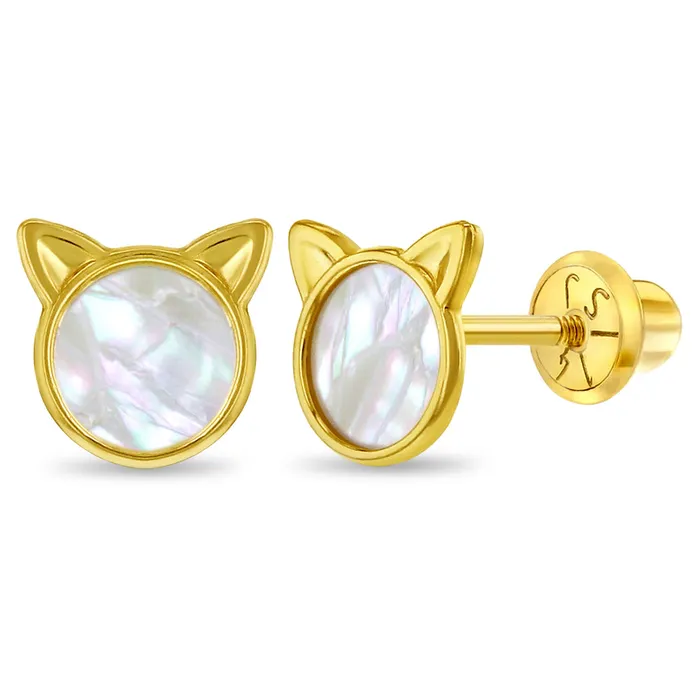 Kids Screw Back Earrings Earrings 14k Gold Mother of Pearl Kitty Cat Kids Childrens Girls Earrings Safety Screw Back Kids Screw Back Earrings Earrings 14k Gold Mother of Pearl Kitty Cat Kids Childrens Girls Earrings Safety Screw Back