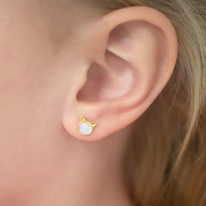 Kids Screw Back Earrings Earrings 14k Gold Mother of Pearl Kitty Cat Kids Childrens Girls Earrings Safety Screw Back