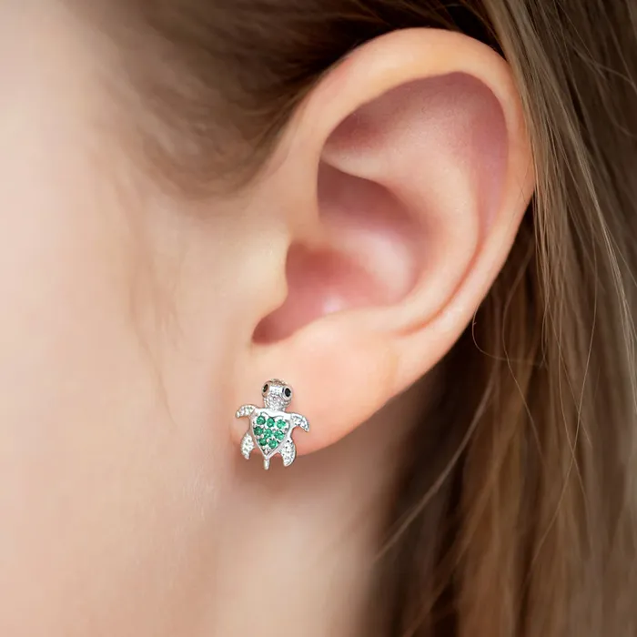 Kids Screw Back Earrings Earrings Adorable Turtle Kids Childrens Girls Earrings Screw Back Cubic Zirconia Sterling Silver