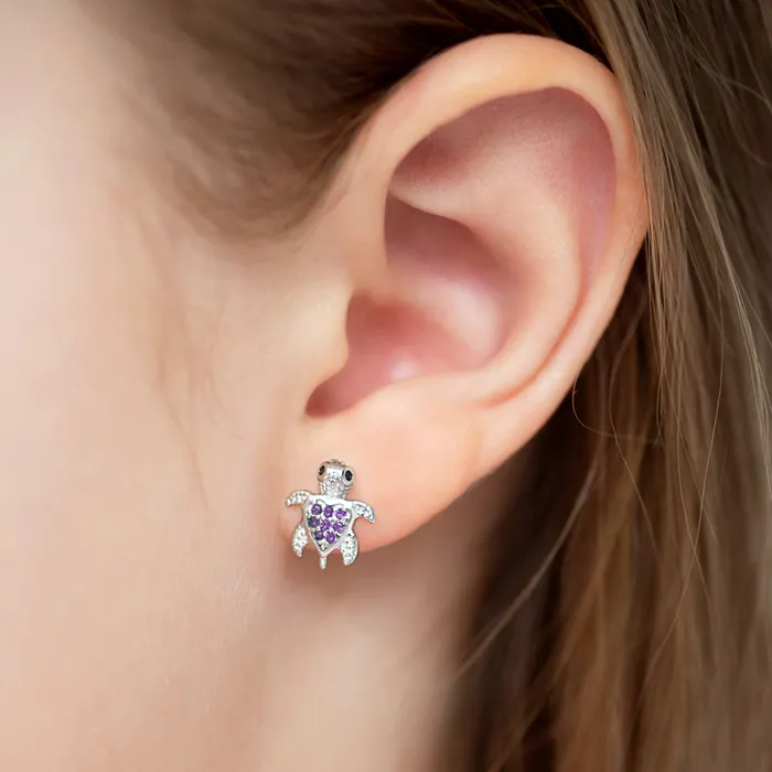 Kids Screw Back Earrings Earrings Adorable Turtle Kids Childrens Girls Earrings Screw Back Cubic Zirconia Sterling Silver