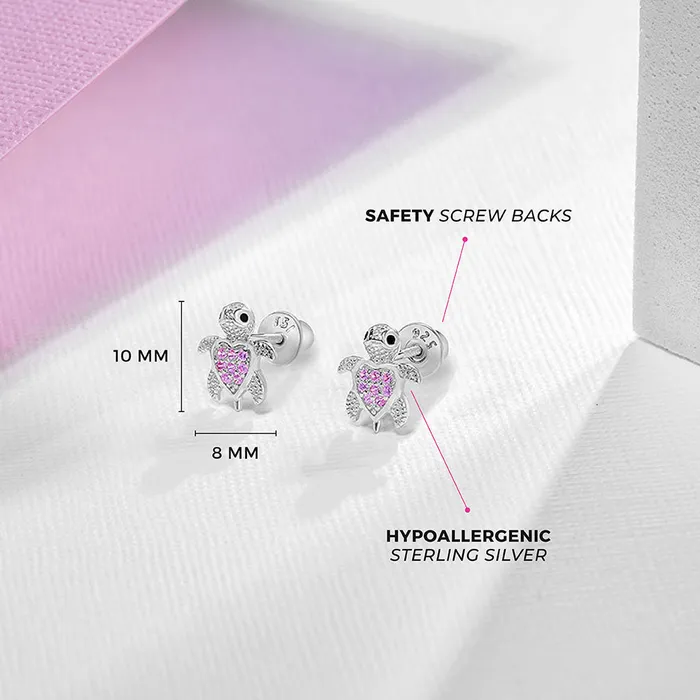 Kids Screw Back Earrings Earrings Adorable Turtle Kids Childrens Girls Earrings Screw Back Cubic Zirconia Sterling Silver