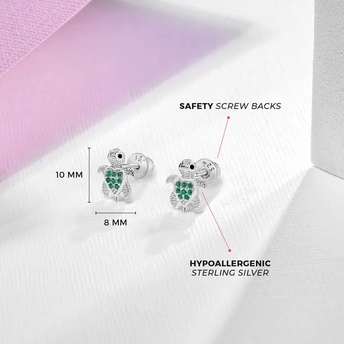 Kids Screw Back Earrings Earrings Adorable Turtle Kids Childrens Girls Earrings Screw Back Cubic Zirconia Sterling Silver