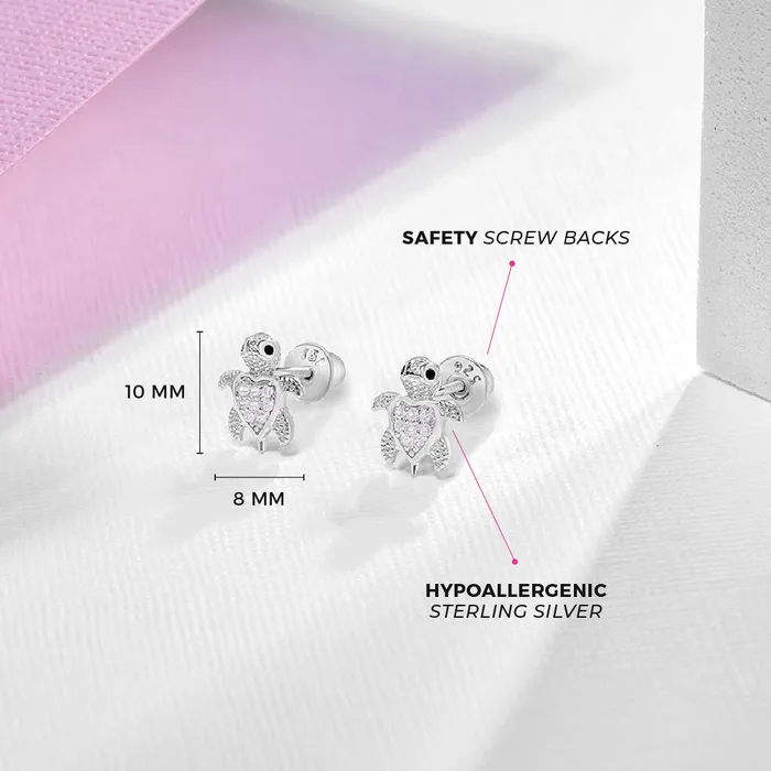 Kids Screw Back Earrings Earrings Adorable Turtle Kids Childrens Girls Earrings Screw Back Cubic Zirconia Sterling Silver