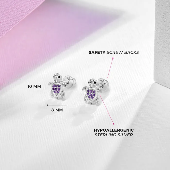 Kids Screw Back Earrings Earrings Adorable Turtle Kids Childrens Girls Earrings Screw Back Cubic Zirconia Sterling Silver